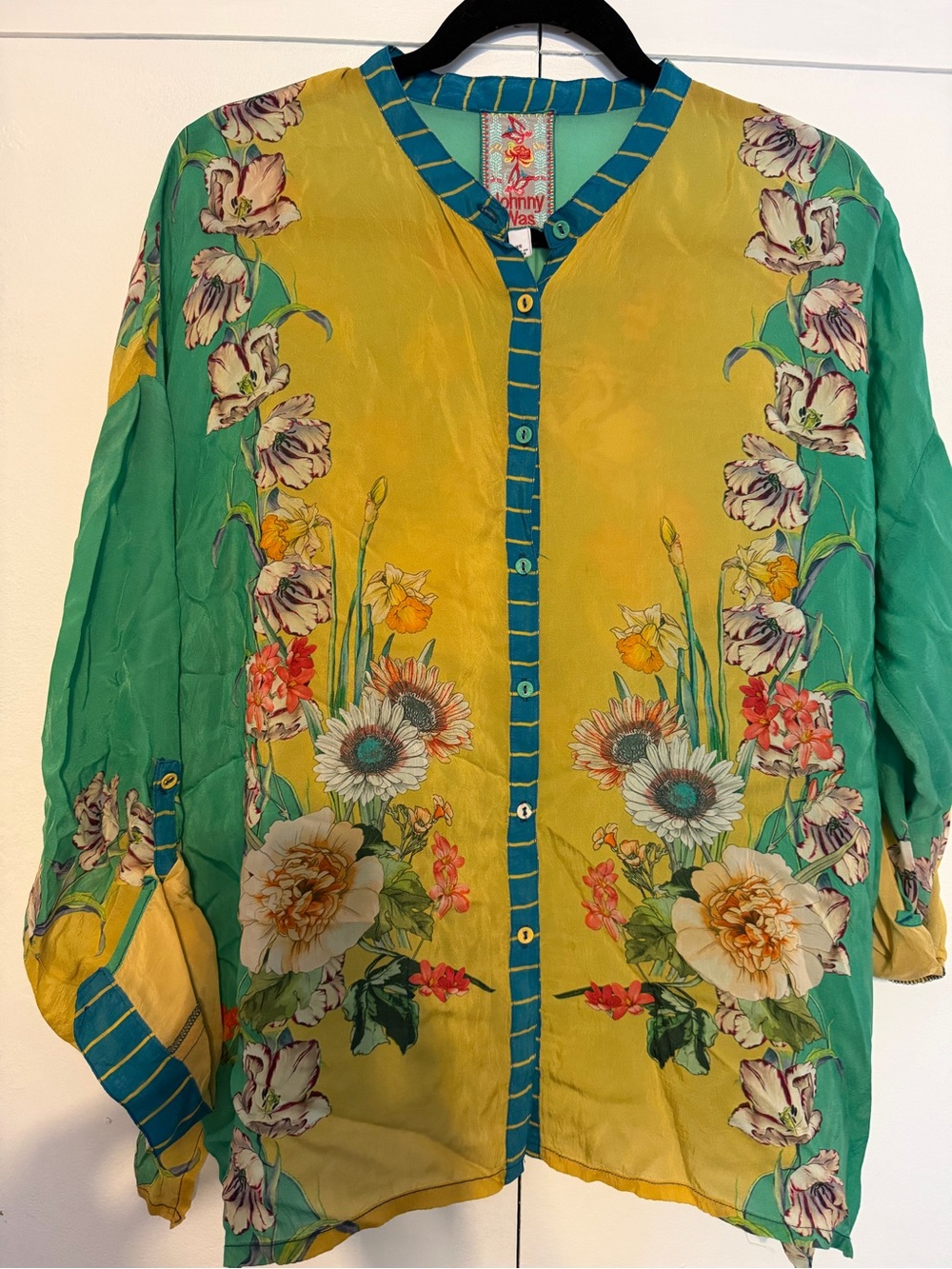 Johnny Was Floral Blouse XS Green Yellow Button Front Boho
